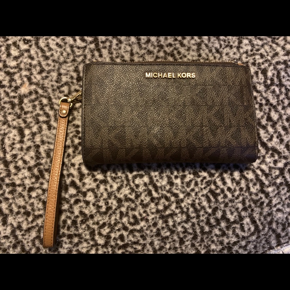 Michael Kors monogram phone pocket wristlet